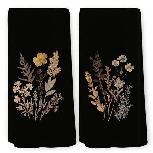 QZQE Vintage Moody Floral Dark Botanical Kitchen Towels Set of 2, Cottagecore Botanical Goth Gothic Still Life Dish Tea Towels for Kitchen, Farmhouse Country Decorative Hand Towel 16x24 Inch