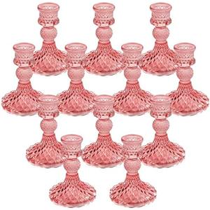 Simeitol Glass Candle Holder Set of 12, Pink Taper Candle Holders Bulk, Vintage Candlestick Holders, Candle Stick Holder for Table Centerpieces, Wedding & Mother's Day