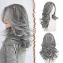 FESHFEN Grey Wavy Layered Wig with Curtain Bangs for Women, 20 Inch Long Synthetic Natural Looking Middle Part Hair Wig For Costume Party Daily Use