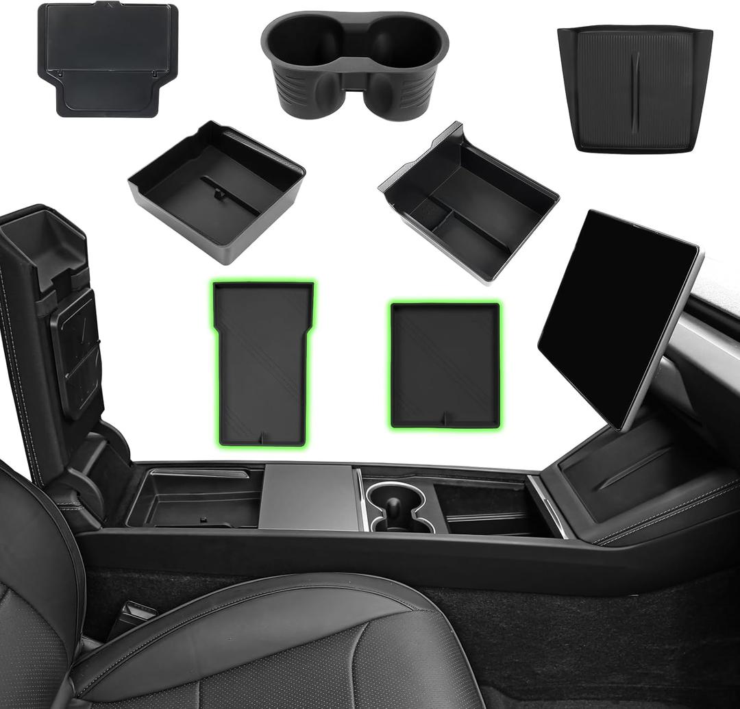 7PCS Center Console Organizer Tray for 2024 2025 2026 Tesla Model 3 Accessories, Armrest Hidden Storage Box Cup Holder Charger Pad for Tesla Model 3 Highland
