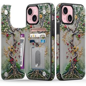 FUNMIKO for iPhone 15 Plus Wallet Case with Card Holder + Cash Clip, RFID-Blocking, Military-Grade Drop Protection & UV-Printed Artwork, Magnetic Closure with Kickstand - Blooming Tree of Life