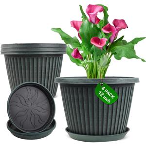 Large-Planter-Indoor-Outdoor Plant Pots, 12 inch 4 Pack Plastic Flower Pots with Saucer And Drainage Holes, Modern Garden Planters For Planting Medium Large Plants, Decorative Resin Garden Pots