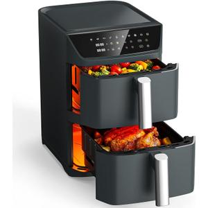 Dual Basket Air Fryer, 12.6QT Family-Size for 10–12 People, XL Basket for 6LB Whole Chicken, DoubleStack Compact Design, 10-in-1 Functions with Reheat, Dehydrate & SyncFinish, Dishwasher-Safe, Black, 6 quarts per layer