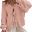 PRETTYGARDEN Women's Tie Front Bow Cardigan Sweaters Chunky Knit Long Puff Sleeve Trendy Fall Winter Jacket Coats (Medium, Pink)