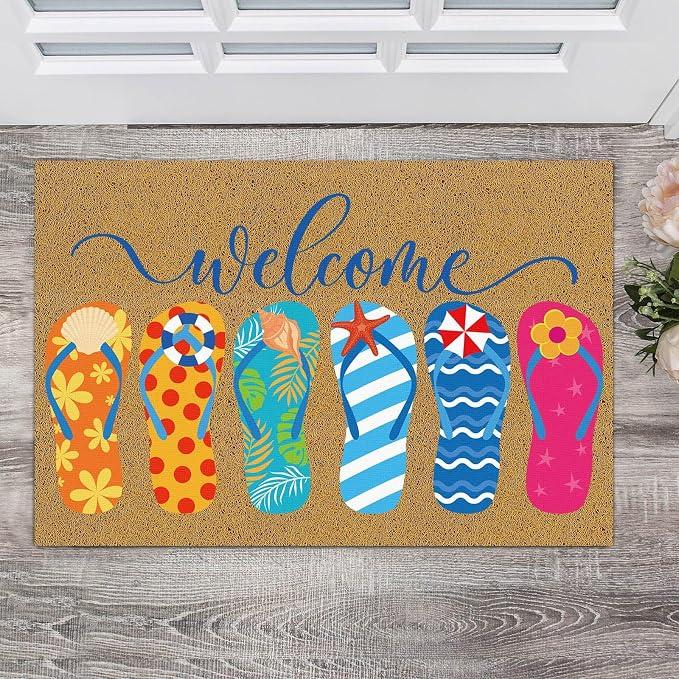 Summer Flip Flops Coir Doormat Flip Flop Welcome Doormat Indoor Outdoor Summer Coastal Door Rug Non Slip Front Door Beach Mat for Porch Decor Gift, 30 x 17 Inch