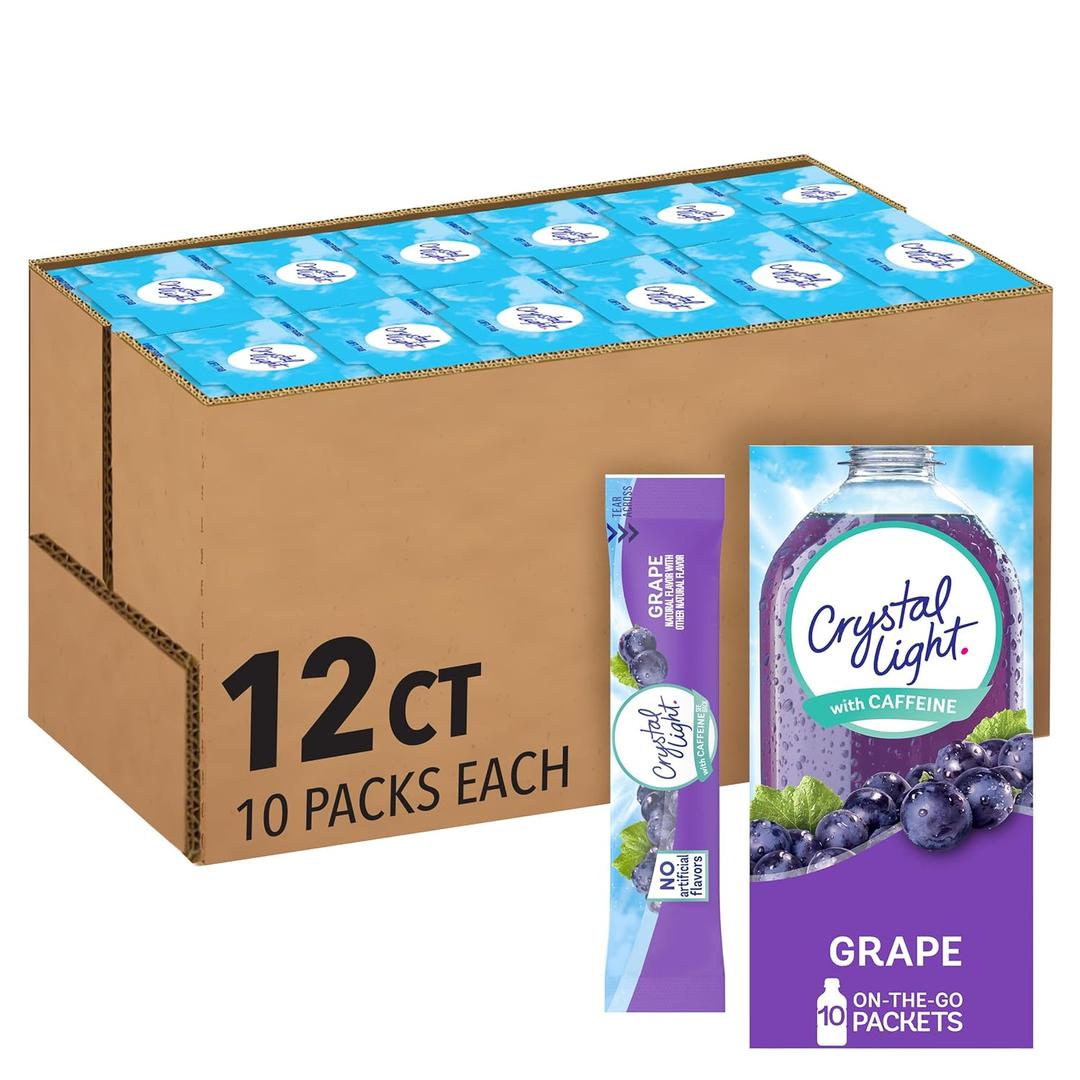 Crystal Light Drink Mix with Caffeine, 120 Packets, for Convenient On-the-Go Flavorful Hydration, Naturally Flavored Grape with Other Natural Flavor, Zero Sugar, 0.11 oz Each, BBD: Nov 22.2027
