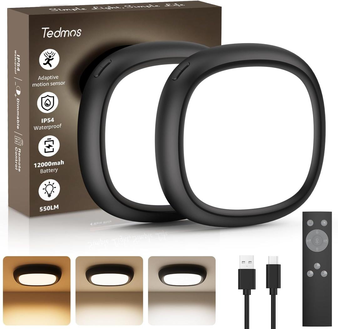 2 Pack Motion Sensor Rechargeable Ceiling Light with Remote, 12000mAh Wireless Shower Lights for Inside Shower, Battery Operated Closet Light Sensored Indoor LED Overhead Lighting No Wiring for Garage (Black)