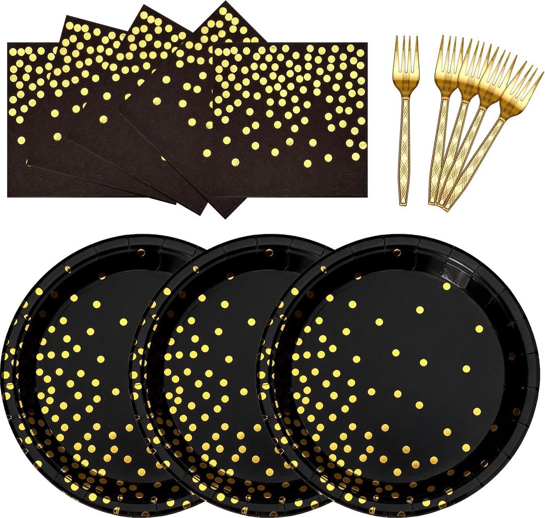 Serve 25 Guests Gold Paper Plates and Napkins Party Supplies,7 Inch Paper Plates Disposable for Bridal Showers Birthday Wedding (Black Gold)