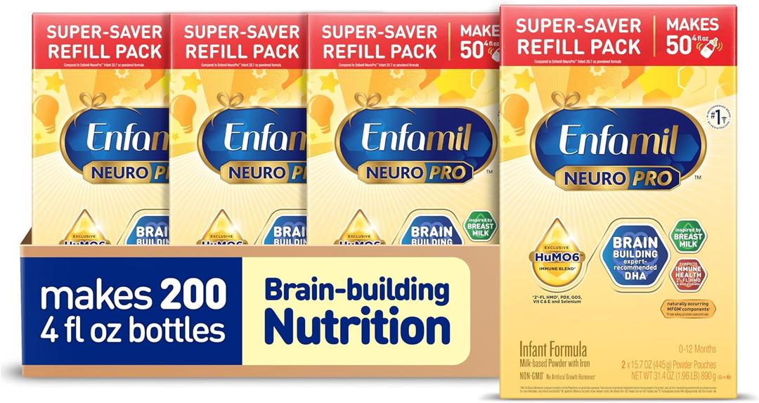 Enfamil NeuroPro Baby Formula, Brain Building Duo DHA & MFGM, Exclusive Immune Supporting HuMO6 Blend, Powder Infant Formula, Baby Milk, 31.4 oz Refill (Pack of 4) (EXP 07/01/26)