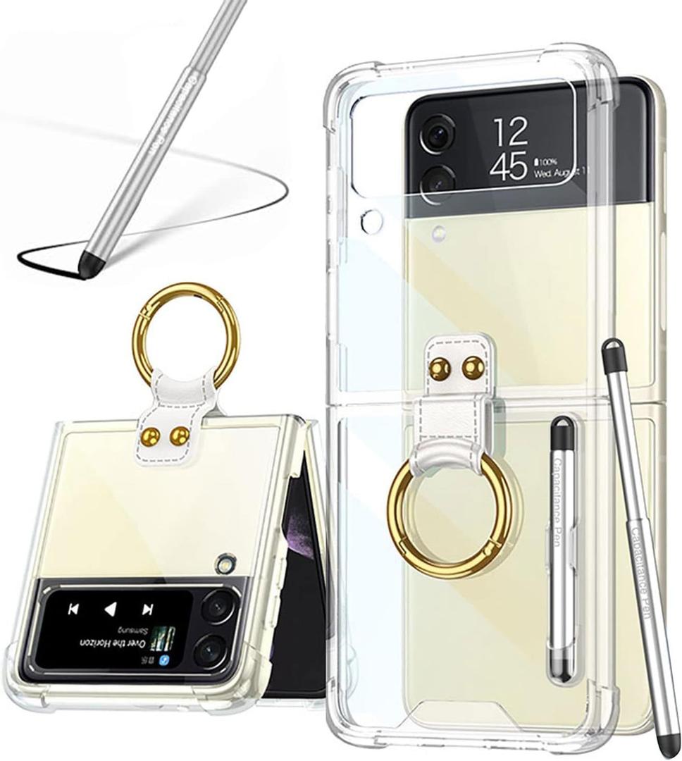 for Samsung Galaxy Z Flip 4 Clear Case with Pen and Ring,Ultra Thin Transparent Anti-Fall Phone Protective Cover for Samsung Galaxy Z Flip 4 5G (ZFlip4-Ring-Clear)
