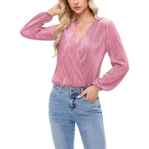 Women Long Lantern Sleeve Shirts Dressy Casual Loose Fit Fall V Neck Blouses Date Night Tops (Pink, L)