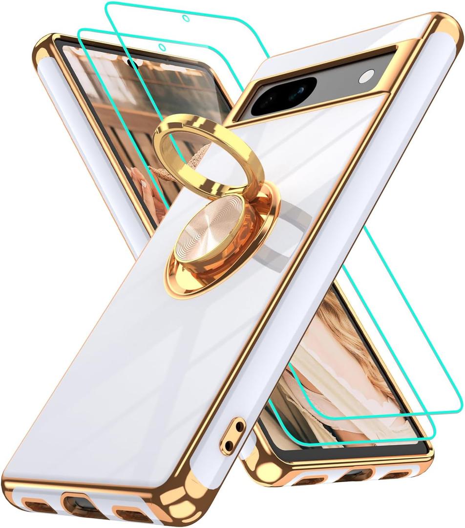 Gritup for Google Pixel 7A Case | 2Pcs Screen Protector | 360 Rotation Ring Holder Magnetic Kickstand | Plating Gold Edge Soft TPU Protective Basic Funda para Cover for Pixel 7A Phone White