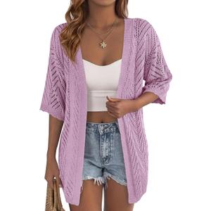 PRETTYGARDEN Women Lightweight Summer Short Sleeve Cardigan | Knit Crochet Beach Cover Up, Boho Fashion, Casual Drop Shoulder, Soft Comfy Clothes for Travel, Vacation & Cruise Wear (Purple) M