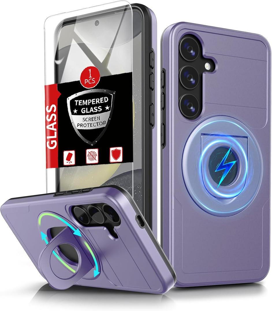 for Samsung Galaxy S24Plus Case Magnetic Compatible with MagSafe Wireless Charging,with Screen Protector,for S24+Plus Case with Stand Ring Anti-Scratch Shockproof Heavy Duty Protection Purple