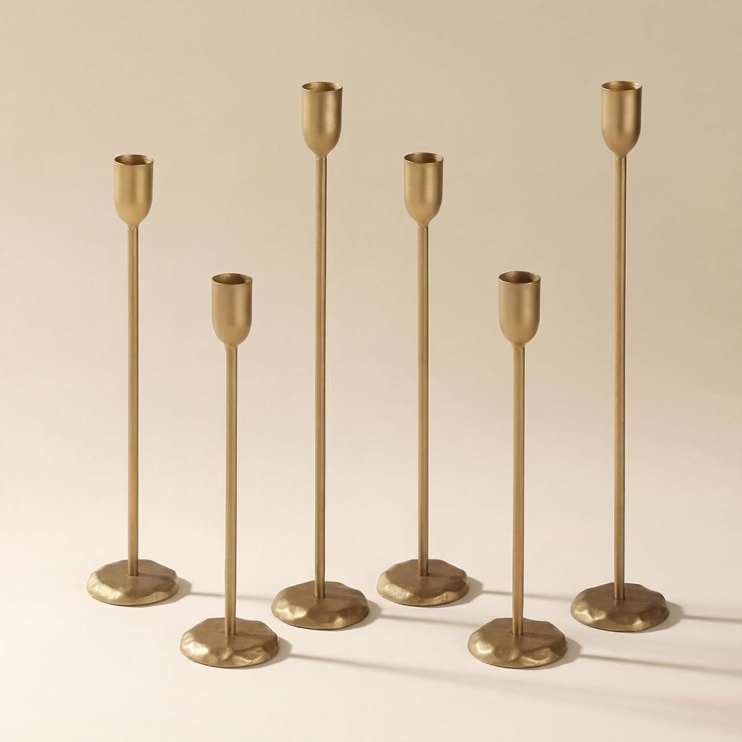 Perfnique Brass Candlestick Holders Set of 6 - Antique Gold Iron Candle Holders for Christmas, Birthday, Wedding, Party, Dining Table, Fireplace Mantel Decor (Gold)