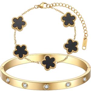18K Gold Plated Clover Bracelet Love bangle Set for Women - Stack Friendship Bracelet Lucky Link Bracelets Jewelry Gifts Trendy for Women (Black)