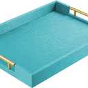 17" x 12" Wood Serving Tray with Gold Polished Metal Handles, Home Decorative Wooden Rectangle Ottoman Leather Decor Platter Bathroom Vanity Tray for All Occasions Blue (17" x 12" x 1.8", 03 Blue)