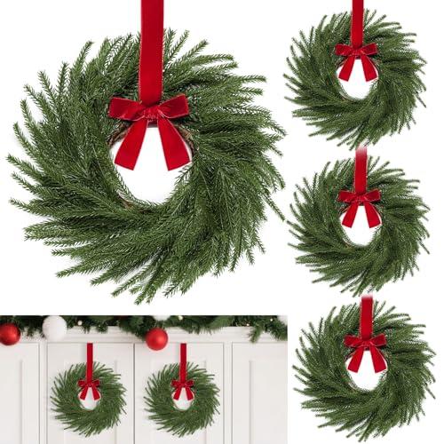 4 Pack 11 Inch Mini Christmas Wreath Small Christmas Kitchen Cabinet Wreaths with Red Velvet Bow Artificial Norfolk Pine Wreath Outdoor Christmas Wreaths for Windows Door Chairs Wall Stairs Home Decor