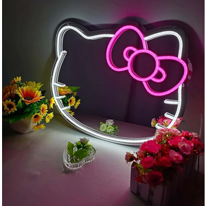 Hello Kit Mirror with Light Neon Signs for Room Decor, USB Powered Cute Cat LED Lights, Teen Girl Best Gift, Makeup Mirror Neon Sign Wall Decor (16.1" L x 13.97" W)