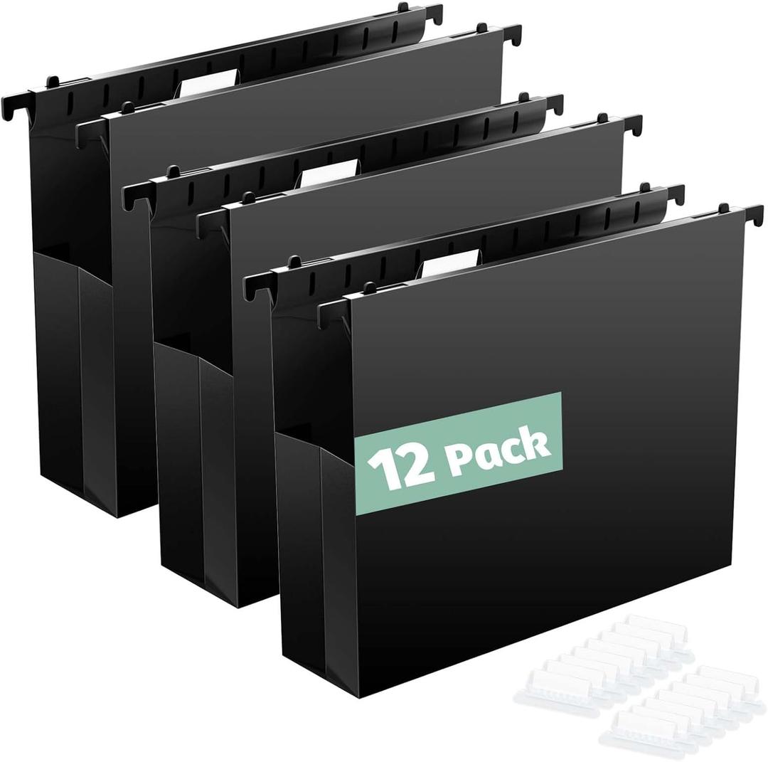 Extra Capacity Plastic Hanging File Folders,12 Pack Reinforced Hang Folders Letter Size, Accordian Pocket, Heavy Duty 2 Inch Expansion, Hard Hanging Folder Organizer for Office Home, Black