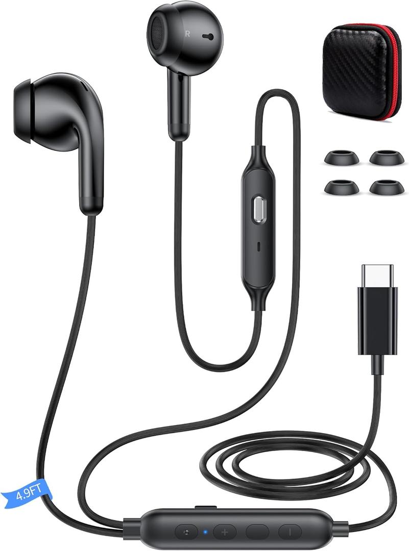 USB C Headphone with Preset EQ Mode Mute Mic Volume Control Type C Earphone in-Ear Noise Canceling USB-C Earbuds for iPhone 17 Pro Max 16 Plus 15 16e for iPad A16/ Samsung S26 S25 S24 S23/ Pixel 10 9