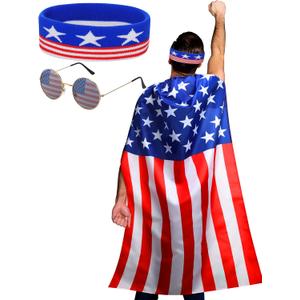Frienda American Flag Costume Cape, 4th of July 250th Retro 80's USA Sunglasses and Flag Headband for 250th Anniversary