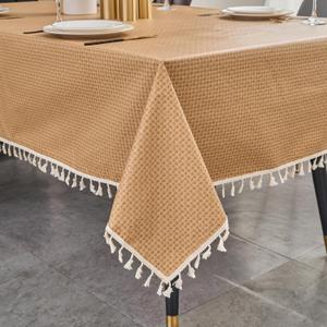 LIBERECOO Rectangle Tablecloth, Waterproof Vinyl with Flannel Backing, Plain Weaves Pattern Wipeable Plastic with Tassels, Ideal for Kitchen and Dining Room, 60" x 120"