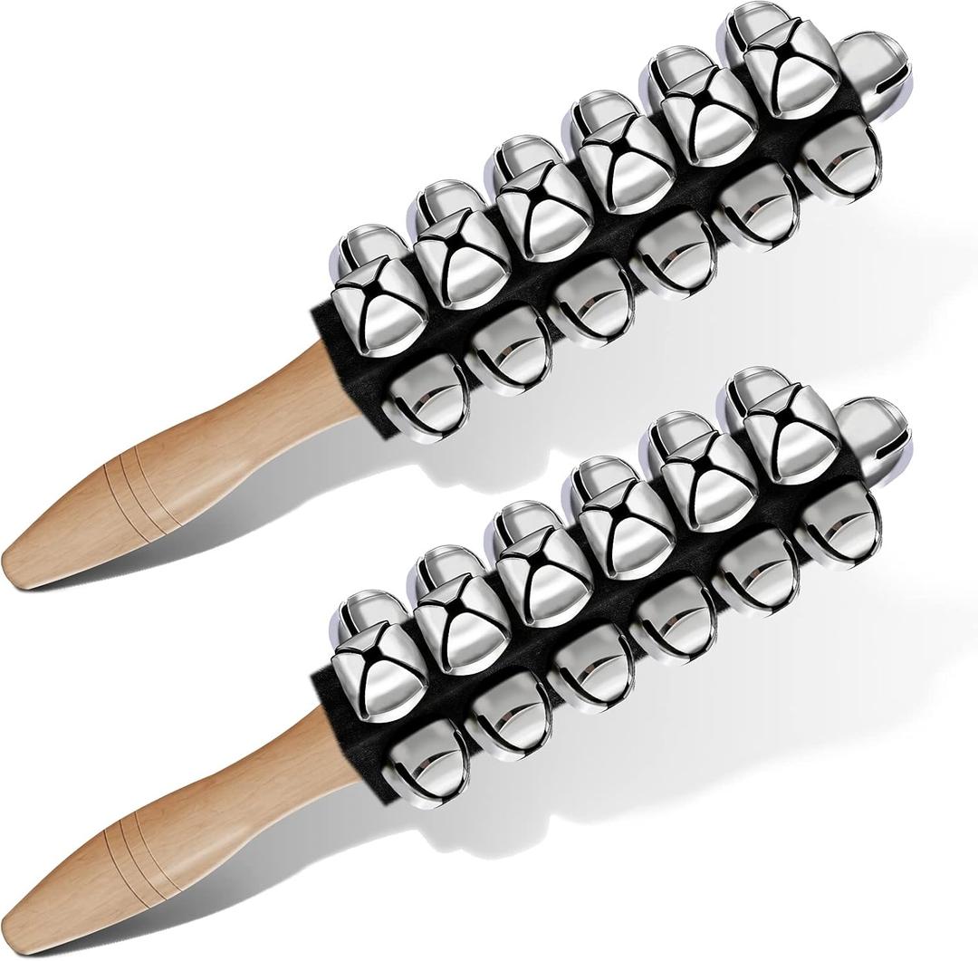 2 Pcs Christmas Hand Jingle Bells Wooden Handle Sleigh Bells Christmas Stick Jingle Bells Shaker Rattle Musical Percussion Handheld Bells Holiday Xmas Gifts (Black)