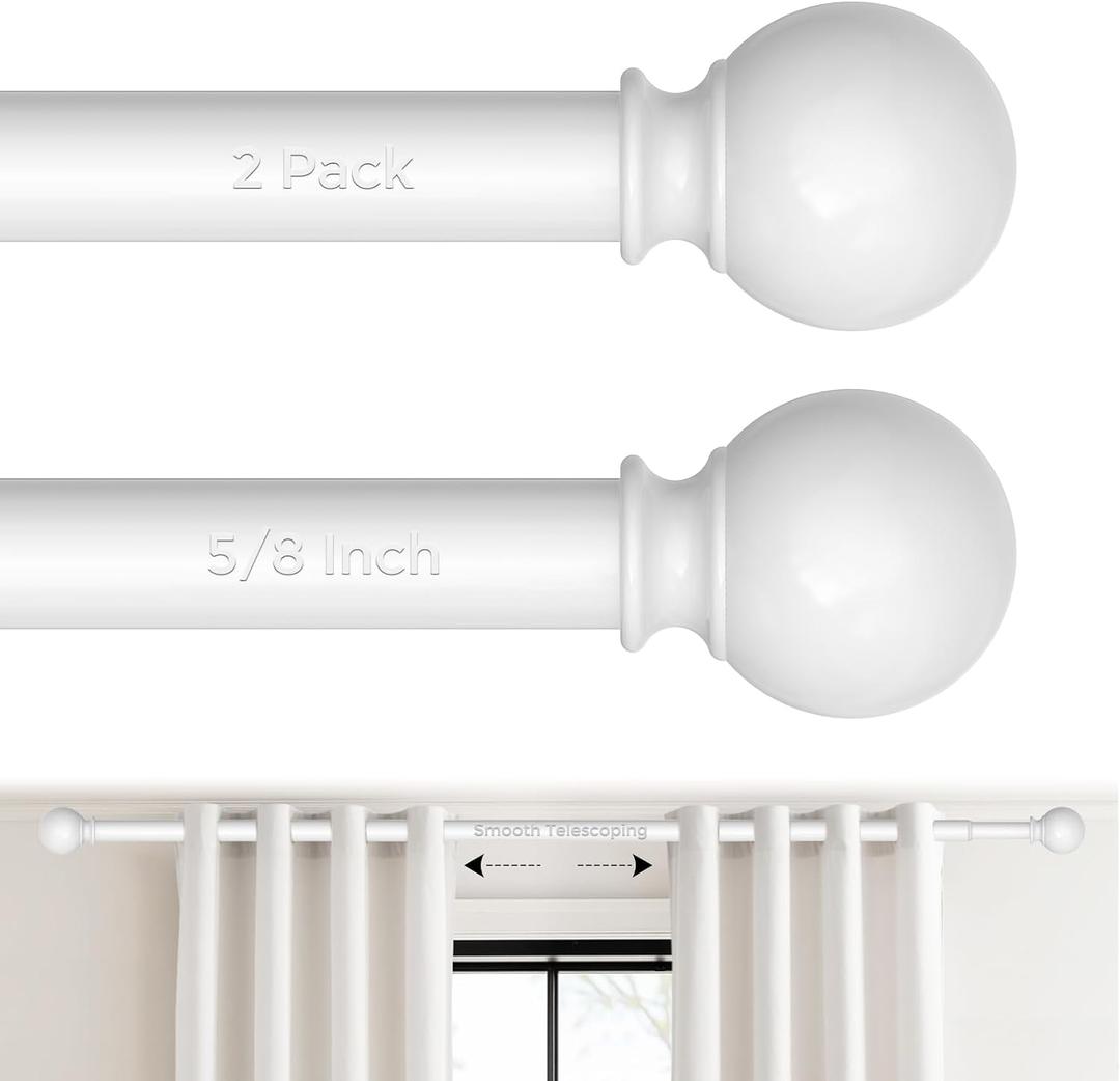 2 Pack White Curtain Rods 36 to 88 Inches, 5/8 inch Iron, Painted Finish, Wall Mounted, Size: 36''-88''