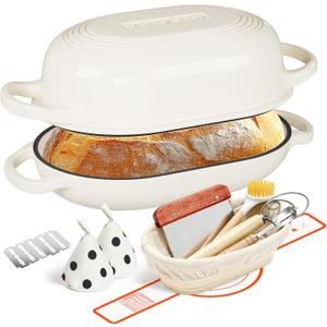 Enameled Cast Iron Dutch Oven for Bread Baking - incl. Sourdough Bread-Baking Supplies like Banneton Bread-Proofing Basket - 5QT Loaf Cast Iron Bread Oven Pan& Meatloaf Pan with Lid, Sour Sough Tools, Lame (Cream White