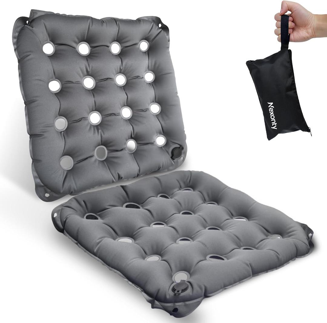 2 Pack Waffle Cushion for Prolonged Sitting, Wheelchair Seat Pad for Pressure Sore, Pressure Relief Inflatable Seat Cushion for Offices, Cars, Airplanes, and Travel, with Hook&Storage Bag