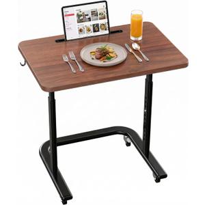 BUYIFY Height Adjustable TV Tray Table on Wheels - Rolling Laptop Desk for Bed & Sofa - C Shaped Side Table for Recliner, Small Spaces & Walking Pad-Dark Walnut- FRD1