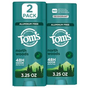 Toms of Maine North Woods Natural Deodorant for Men and Women, Aluminum Free, No Artificial Fragrances, Dyes, or Preservatives, Baking Soda Free, 48-Hour Odor Protection, 3.25 oz (2 Pack)