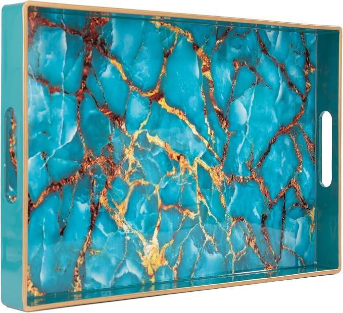 MAONAME Rectangle Decorative Tray, Plastic Serving Tray with Handles, Tempered Glass Coffee Table Trays and Serving Trays for Ottoman, Bathroom, 15.6” x 10.2”, Blue-1