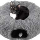 Cat Tunnel with Bed for Indoor Cats - 3FT Multifunctional Cat Tunnel Bed with Toys - Soft, Plush Peekaboo Cat Cave for Kittens, Cats, Ferrets, and Rabbits - Cat Products by PETMAKER (Gray)