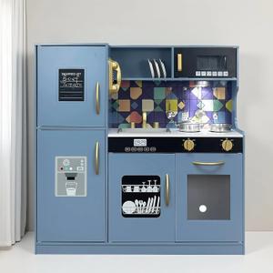 Wooden Play Kitchen Toy Set with Light, Kids Children Pretend Toy Kitchen Playset, Sink Play Toy Oven with Microwave, Toddler Cooking Set Toy for Ages 3+ Baby Girls Boys (Blue)