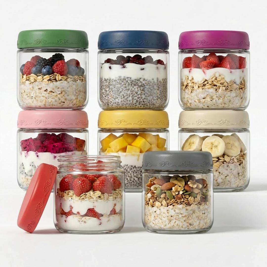 10 OZ 8Pack, Overnight Oats Jars with Lids, Glass Meal Prep Containers, Airtight Mason Jars for Breakfast, Yogurt Parfait, Salad & Smoothies, Leakproof and Reusable Food Storage Jars