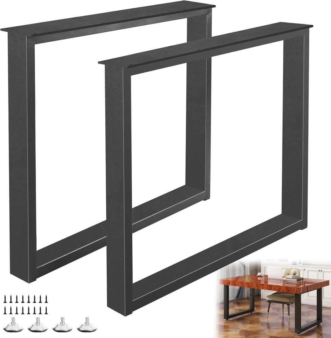 2 x Metal Desk Table Legs 28''Hight 35'' Wide with Adjustable Protector Feet, Industrial & Rustic Style Heavy Duty Metal Furniture Legs for DIY Dinning Coffee Tables, Rectangle Shape, Black