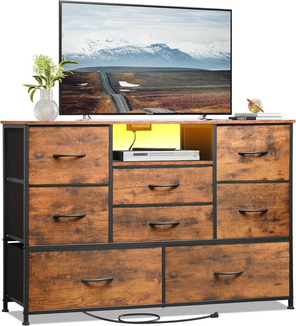 Dresser TV Stand with 8 Drawers, Dresser TV Stand with LED Lights & Power Outlets, Bedroom Dresser, Chest of Drawers for 55'' Long TV, Wide Fabric Dresser (Rustic Brown)