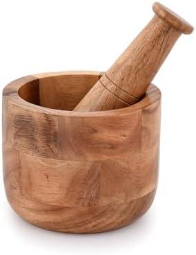 Samhita Handmade Acacia Wood Mortar and Pestle Perfect for Grinder for Herbs, Garlic, Walnut Spices & Kitchen Essentials Usage