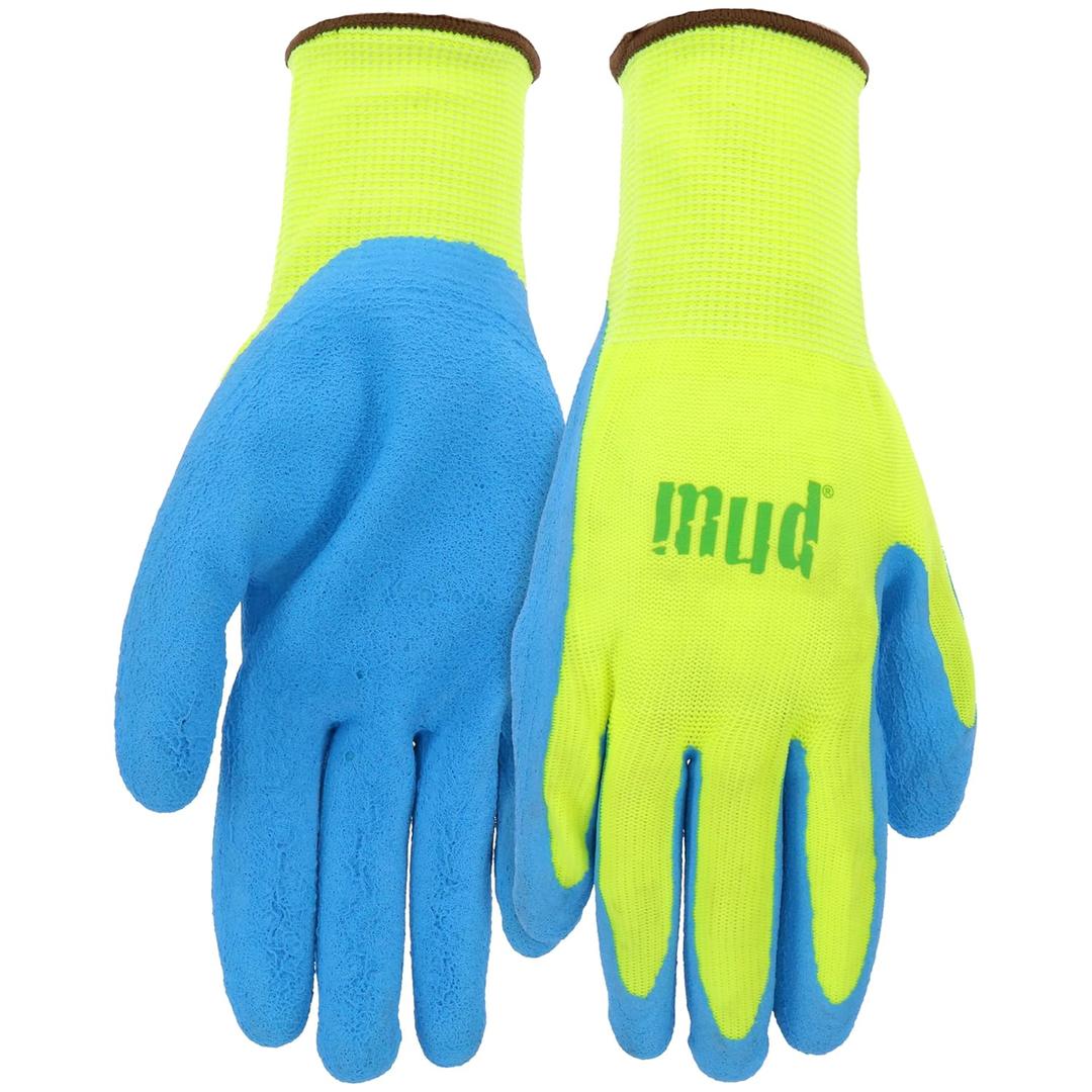 MUD Super Grip Latex Coated Palm Garden Work Gloves, Water Resistant, Polyester Knit Shell, Elastic Knit Wrist, Lime Green/Blue, Small (SM7187G/S)