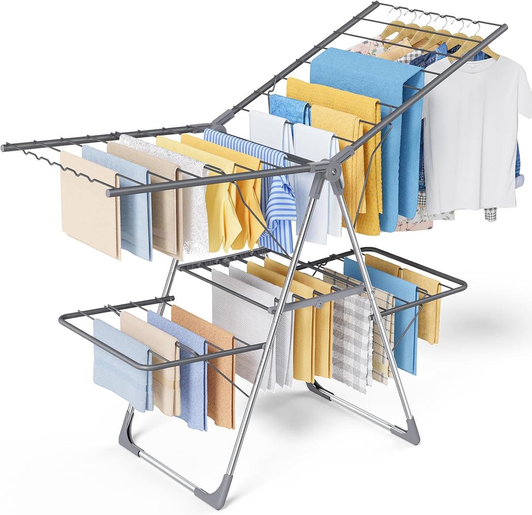 Sakugi Clothes Drying Rack, Foldable 2-Level Laundry Drying Rack with Height-Adjustable Wings, for Clothing & Bedding, Free-Standing Space-Saving Rack, Indoor & Outdoor, 55.5" L 22.8" W, Gray