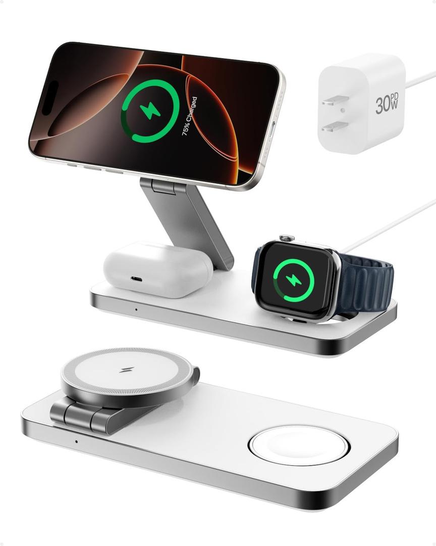 3-in-1 Foldable Wireless Charging Station,15W Qi2-Certified Wireless Charger for Magsafe iPhones,3 in 1 Magnetic Charger Stand for iPhone 16/15/14/13/12, Apple Watch and AirPods.(30W Adapter Include) (White)