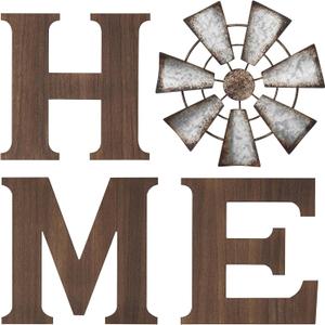 Mkono Farmhouse Wall Decor Wooden Home Sign with Metal Windmill for O Rustic Hanging Letters Decorative Art Signs Living Room Kitchen Bedroom Entryway House, Brown