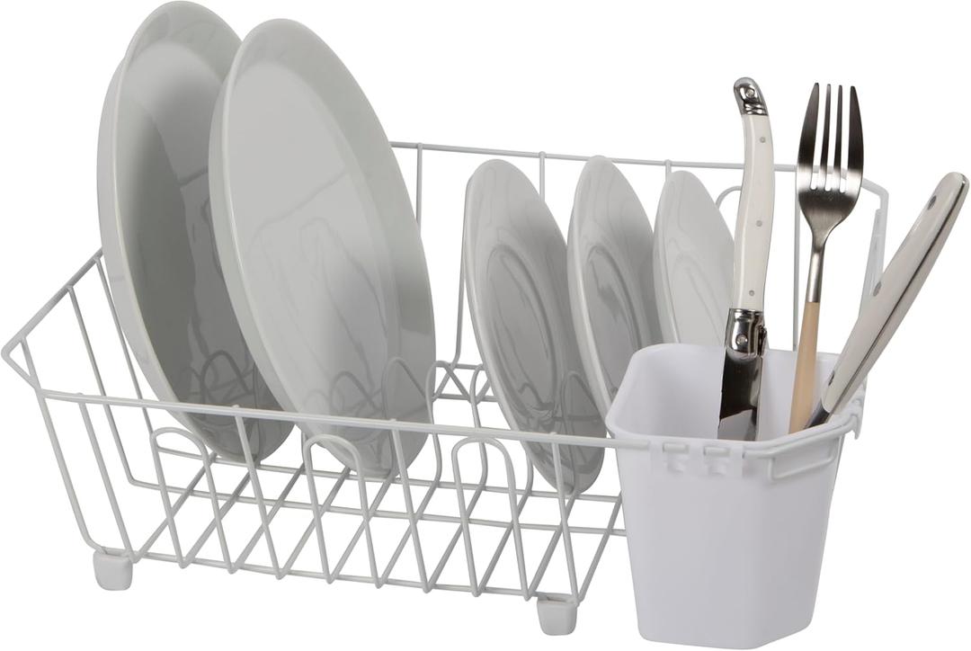 Oggi Compact Dish Drying Rack - White Metal Dish Drainer Rack, Drying Rack Kitchen, Dish Rack, Dish Racks for Kitchen Counter, Durable Coated Metal Kitchen Drying Rack with Cutlery Holder