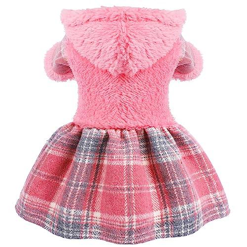 Winter Dog Dress, Cute Warm Fleece Dog Hooded Sweater, for Small Dogs Girl, Pink Plaid Puppy Dresses Clothes for Chihuahua Yorkie,Cat Apparel (Pink, Small (Chest 15in)
