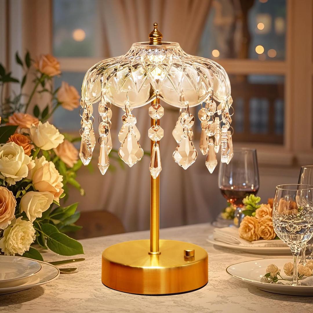 Vintage Lamp, 3 Colors 10 Brightness Crystal Lamp Flower Lamps, 3600mAh Rechargeable Lamps Cordless Lamps Bedroom Kitchen Bathroom, Desk Decor for Women, Valentines Day Gifts Valentines Gifts for Her (Gold)