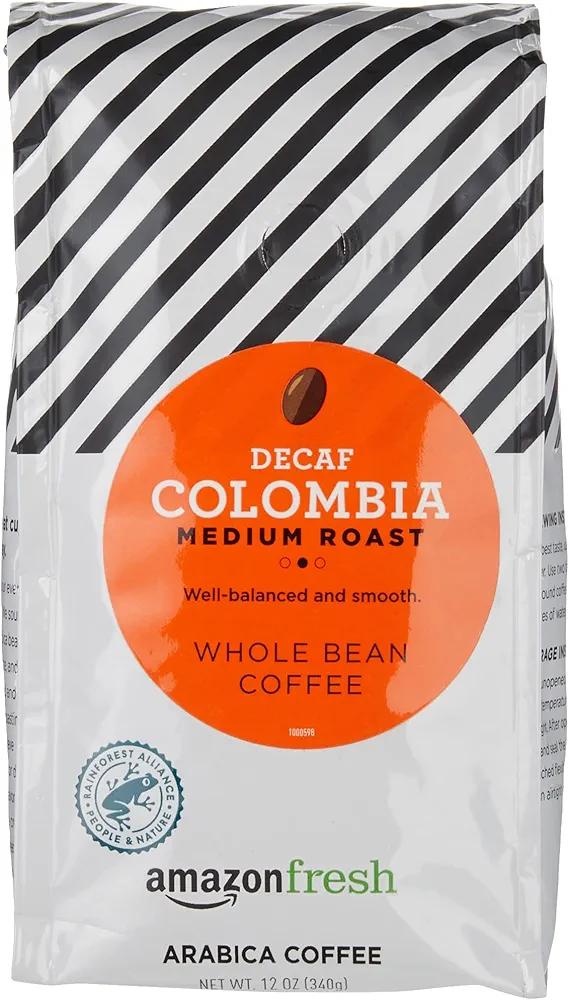 Amazon Fresh Decaf Colombia Whole Bean Coffee, Medium Roast, 12 Ounce (Pack of 3) Expiry: 05/27/2026