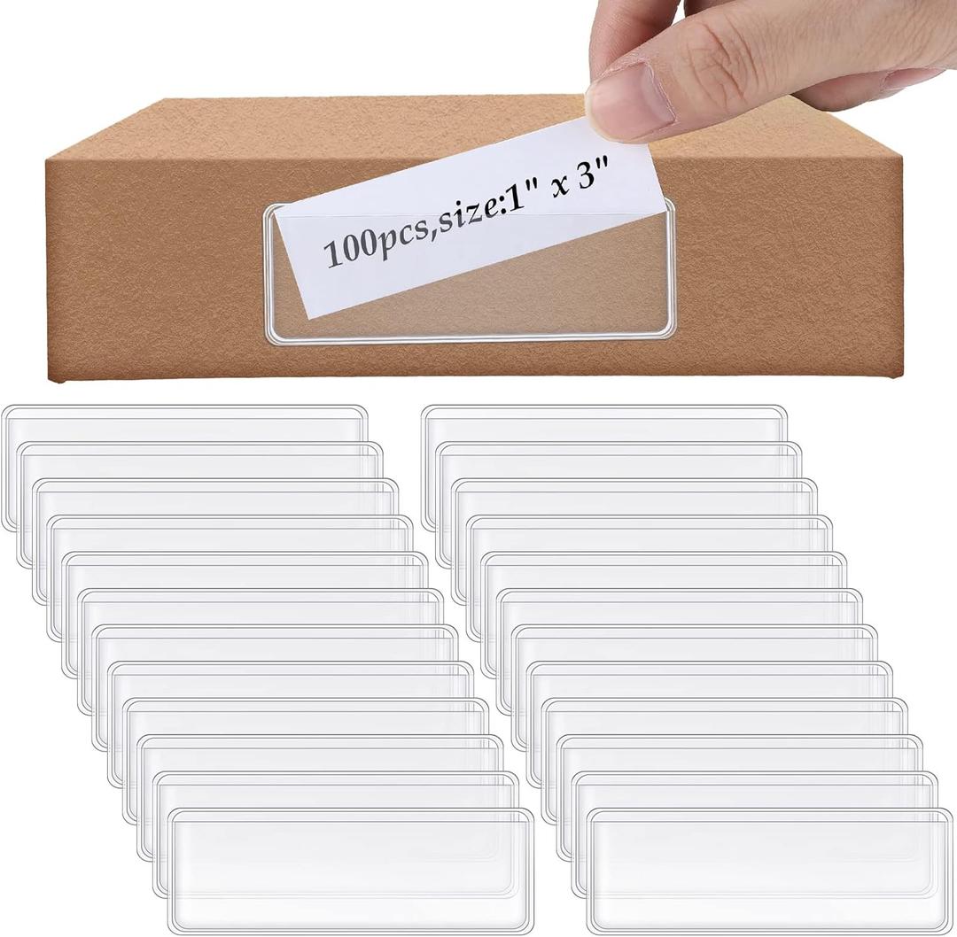 Meanplan 100 Pcs Label Holder Self Adhesive Clear Pocket 3x1 Inch Plastic Shelf Tag Sticking Index Card Pocket for Supermarket Library Kitchen Business Bookshelf Mailbox File Cabinet Storage Bin