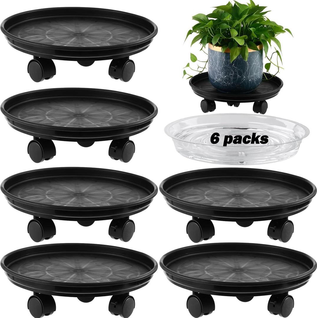 6 Packs 15 Extra-large Plant Caddy Plant Saucers on Wheels Rolling Plant Stands Heavy-duty Plant Dolly Plastic Planter Roller Base Pot Movers Outdoor Plant Tray Coaster, Clear Plant Saucers x 6 (Black matte)